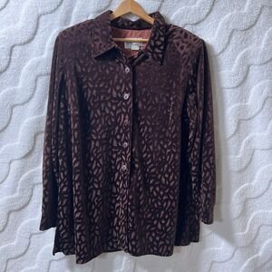 Sheri Martin Button Up Shirt Burnout Velvet Mob Wife Brown Animal Print 18 Woman